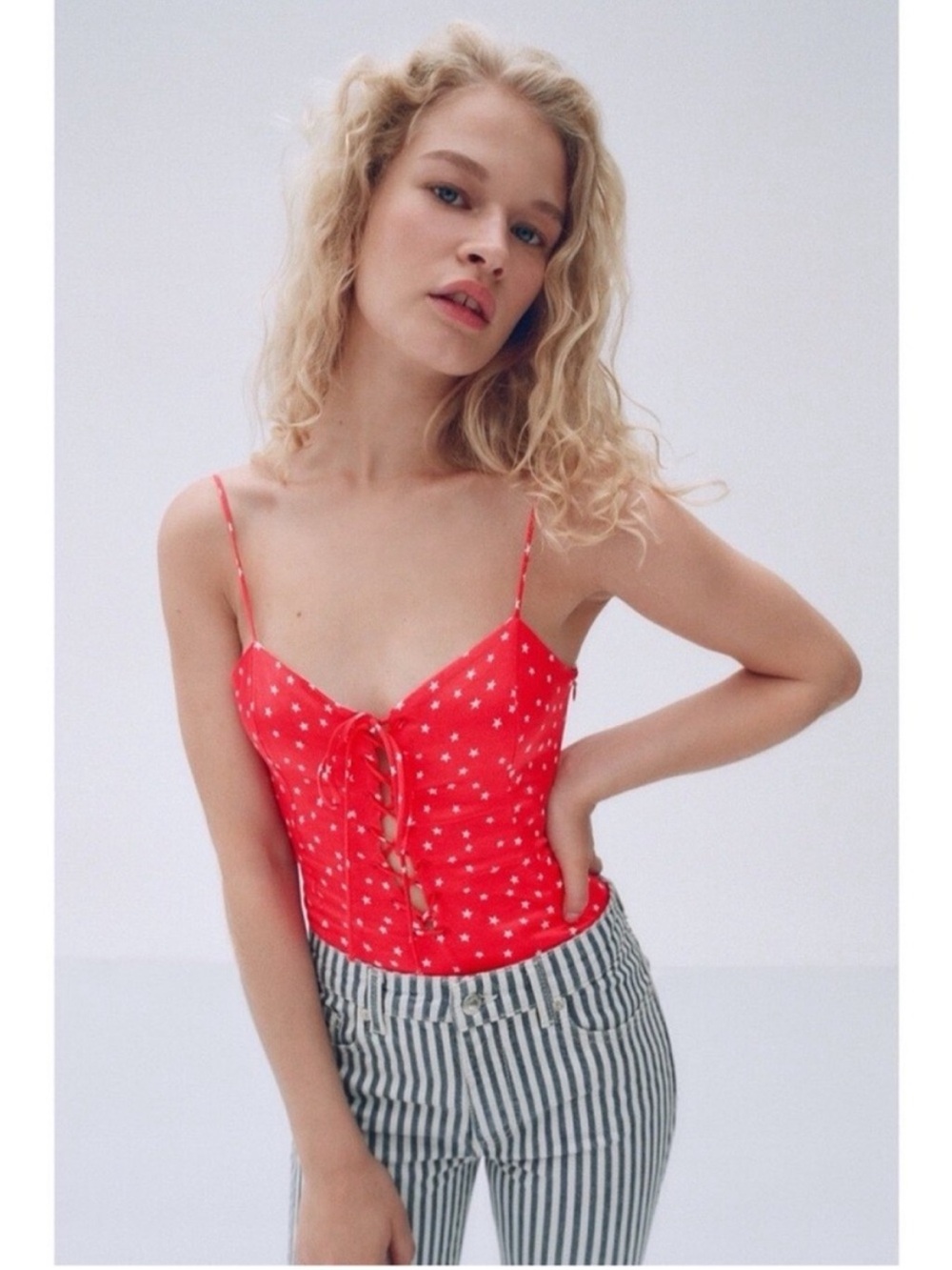 Zara Red Star Print Lace Up Satin Bodysuit NWT Y2K Festival Size L